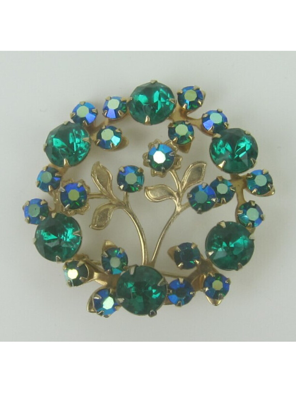 Vintage Pin Brooch Gold tone Tree Green Aurora Borealis AB Rhinestones 1.8"